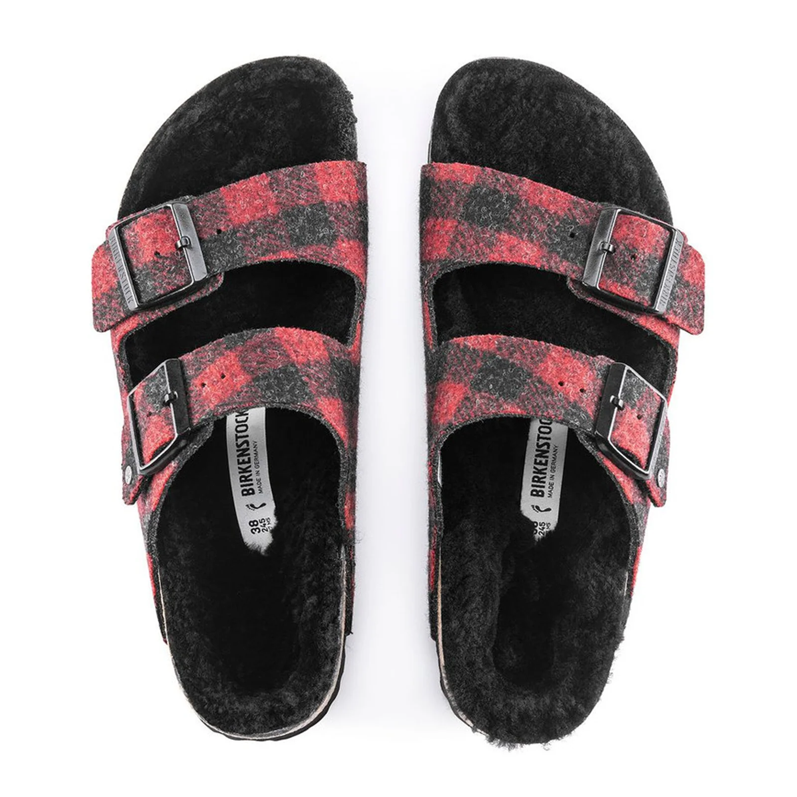 Birkenstock Arizona Narrow Slide Sandal (Women) - Red Plaid Wool/Black Shearling - Image 2