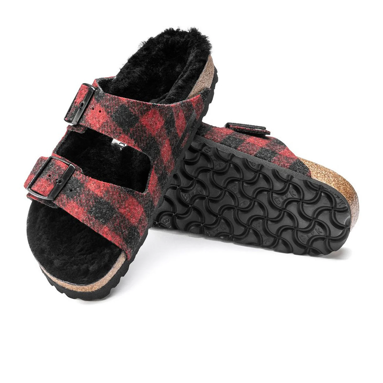 Birkenstock Arizona Narrow Slide Sandal (Women) - Red Plaid Wool/Black Shearling - Image 3