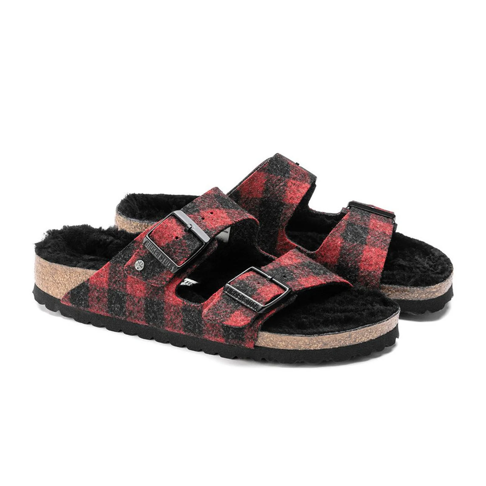 Birkenstock Arizona Narrow Slide Sandal (Women) - Red Plaid Wool/Black Shearling - Image 4