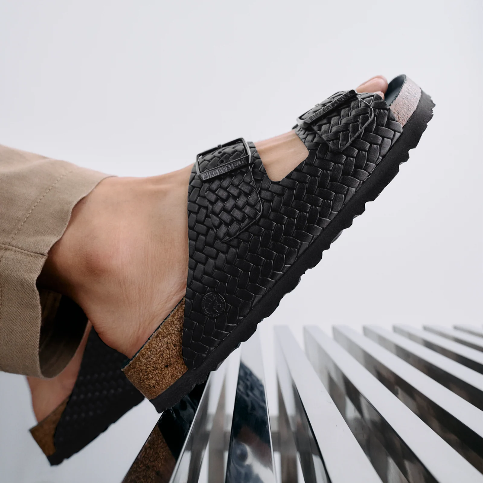 Birkenstock Arizona Slide Sandal (Women) - Woven Emboss Black Leather - Image 7