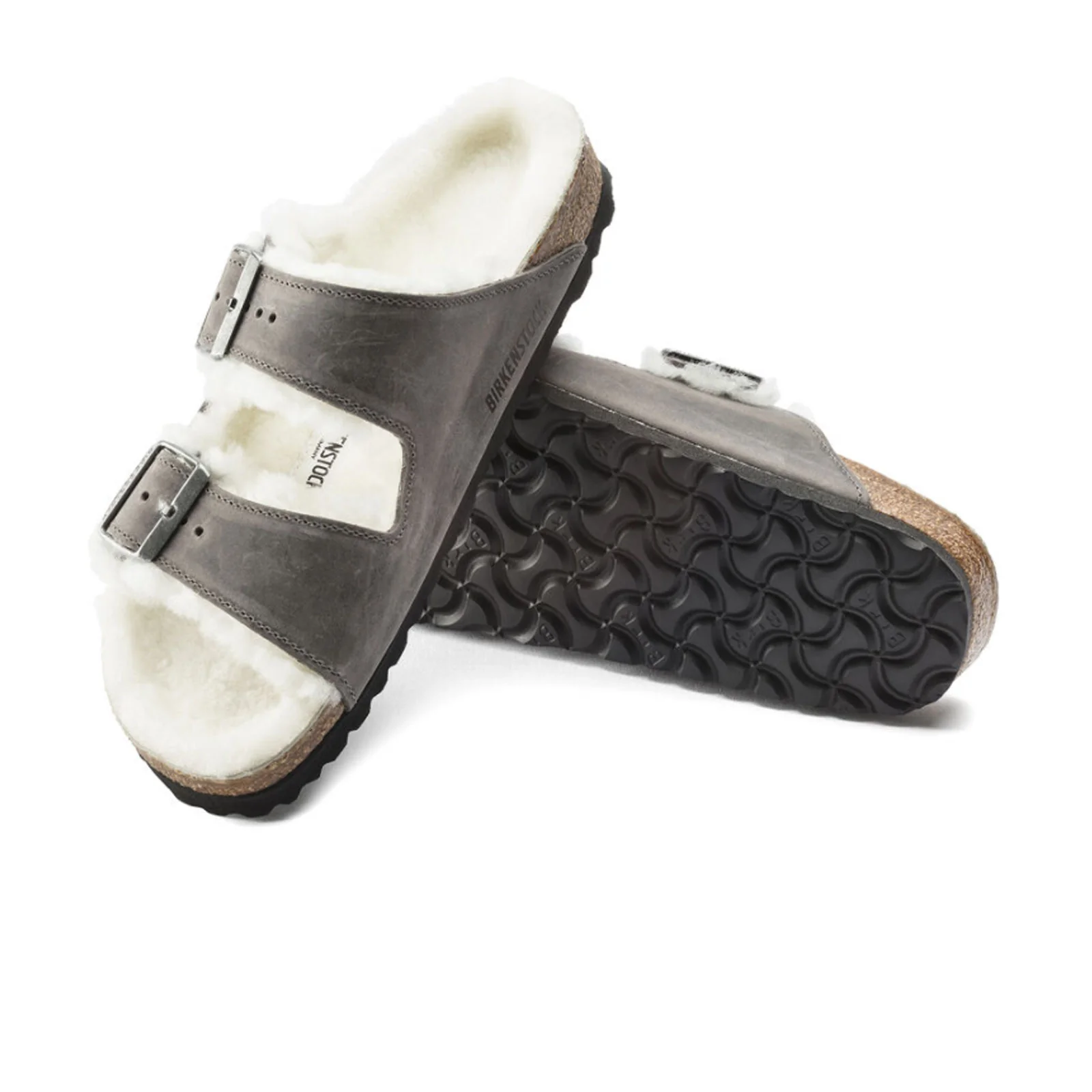 Birkenstock Arizona Slide Sandal (Women) - Iron Nubuck/Natural Shearling - Image 3