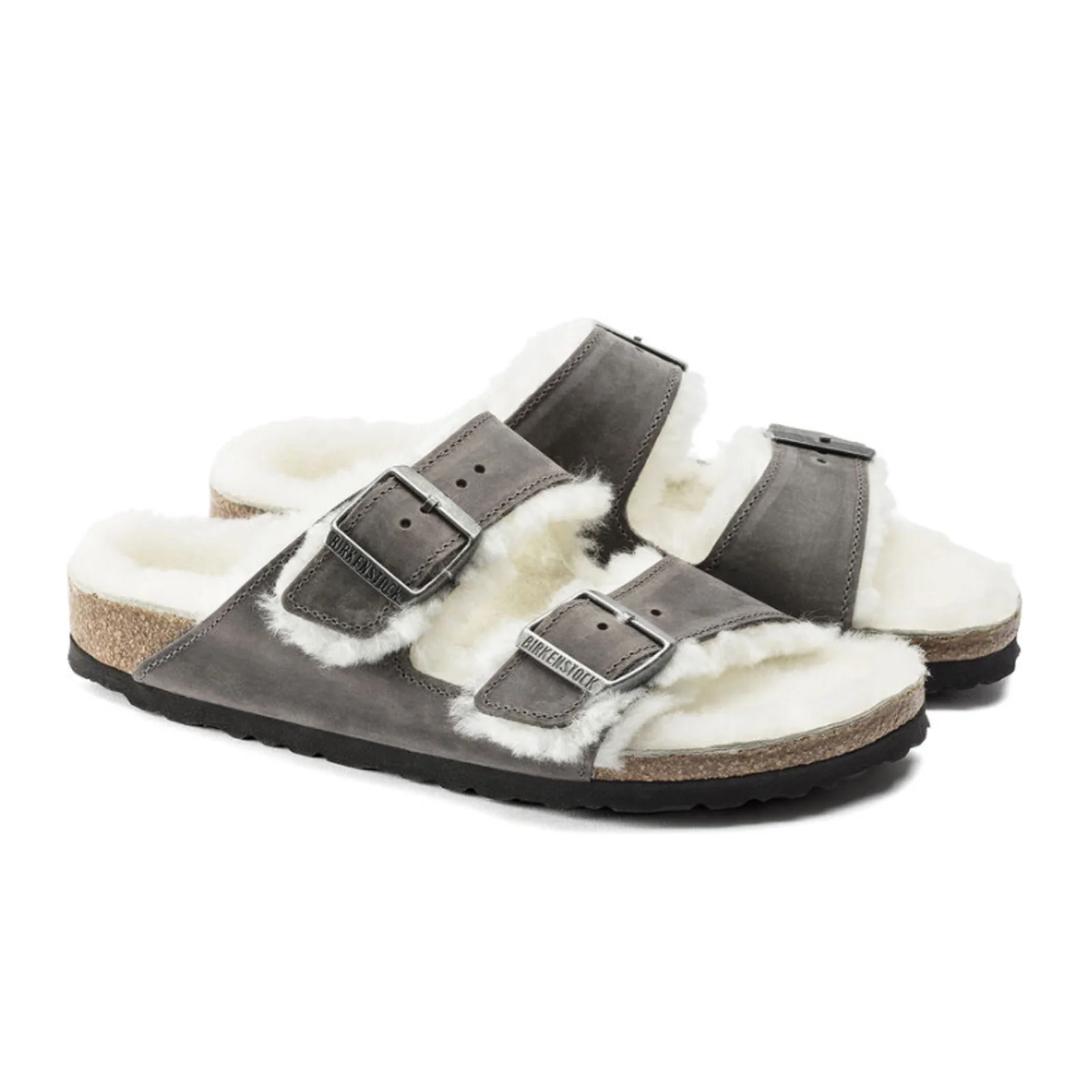 Birkenstock Arizona Slide Sandal (Women) - Iron Nubuck/Natural Shearling - Image 4