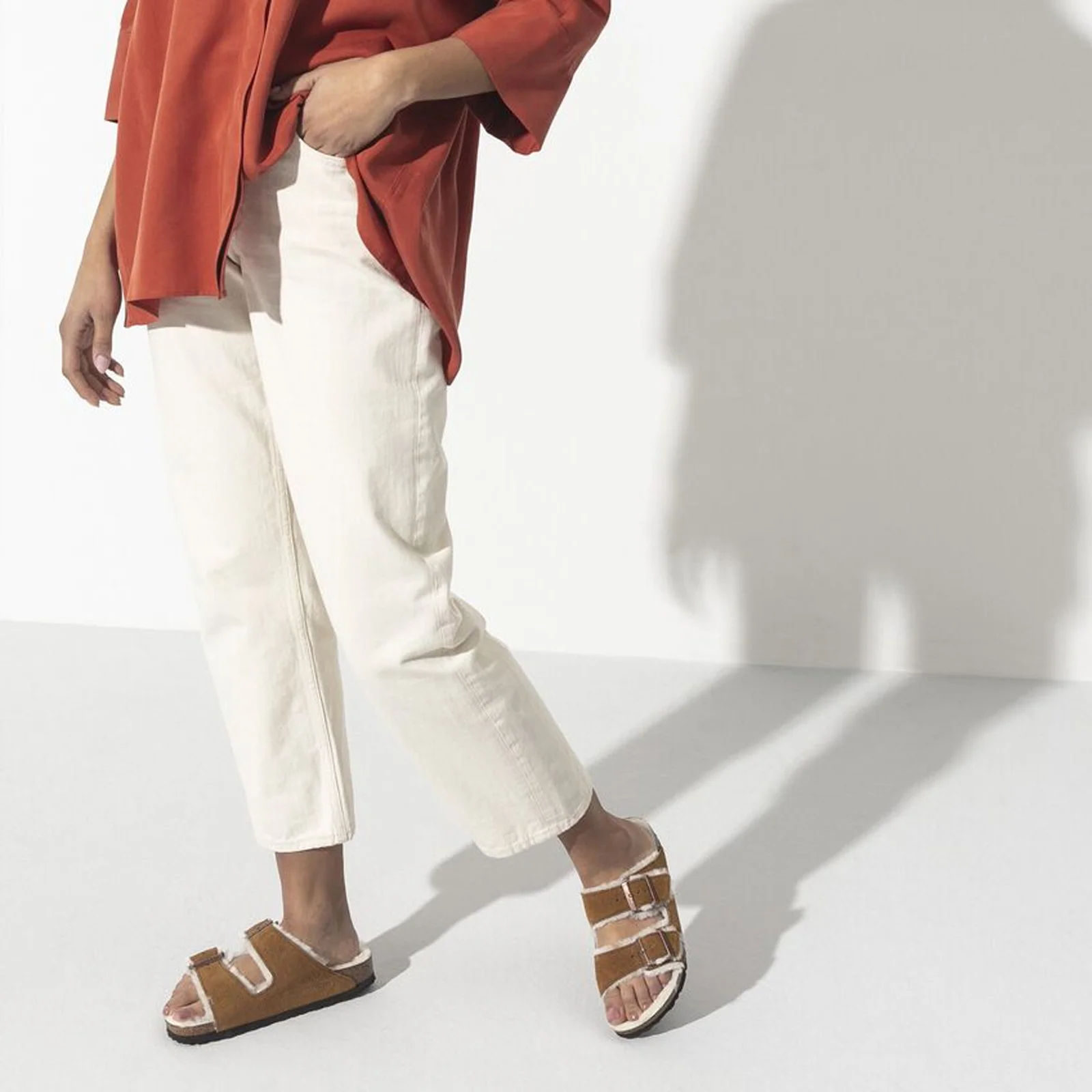 Birkenstock Arizona Slide Sandal (Women) - Mink Suede/Natural Shearling - Image 7