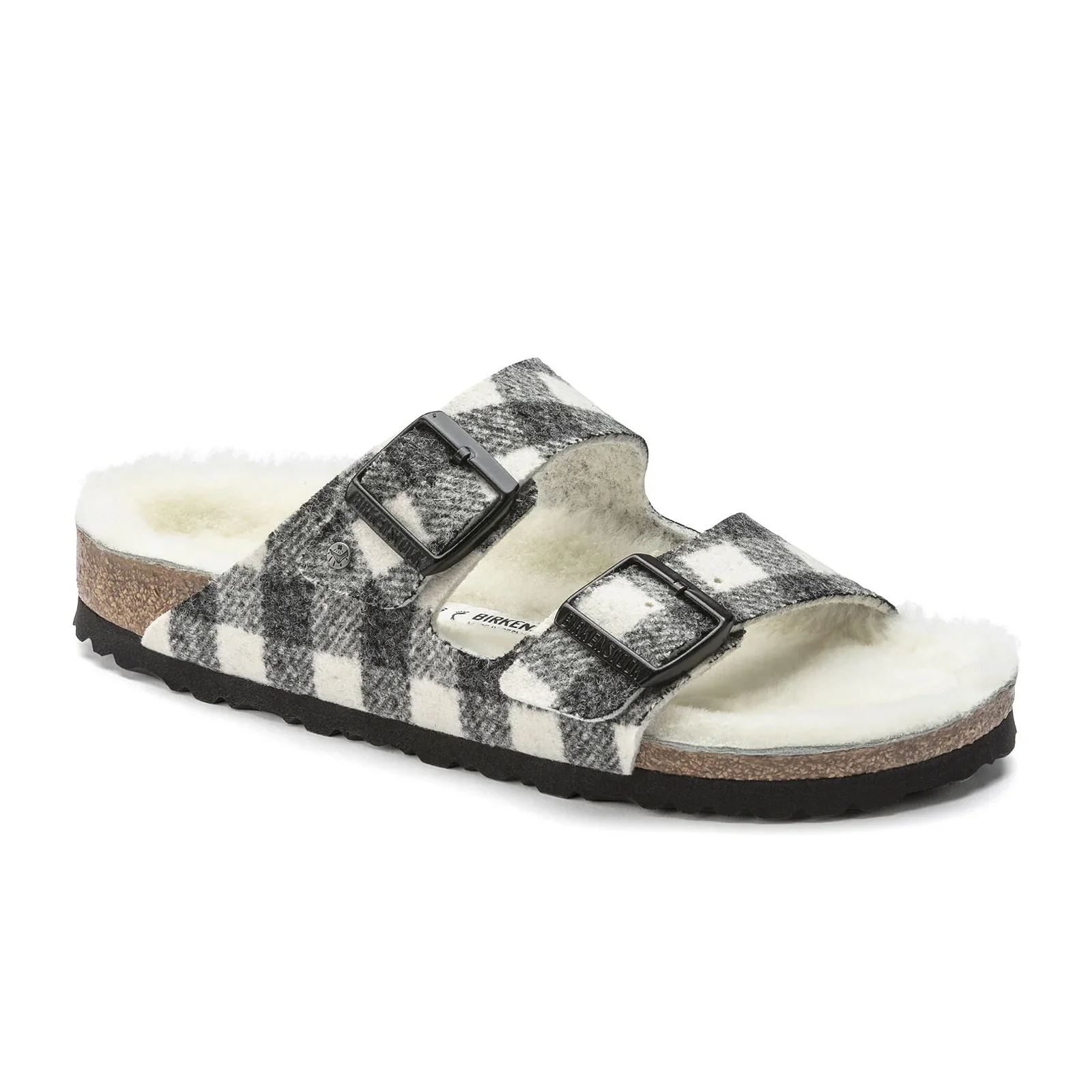 Birkenstock Arizona Slide Sandal (Women) - White Wool Plaid/Natural Shearling