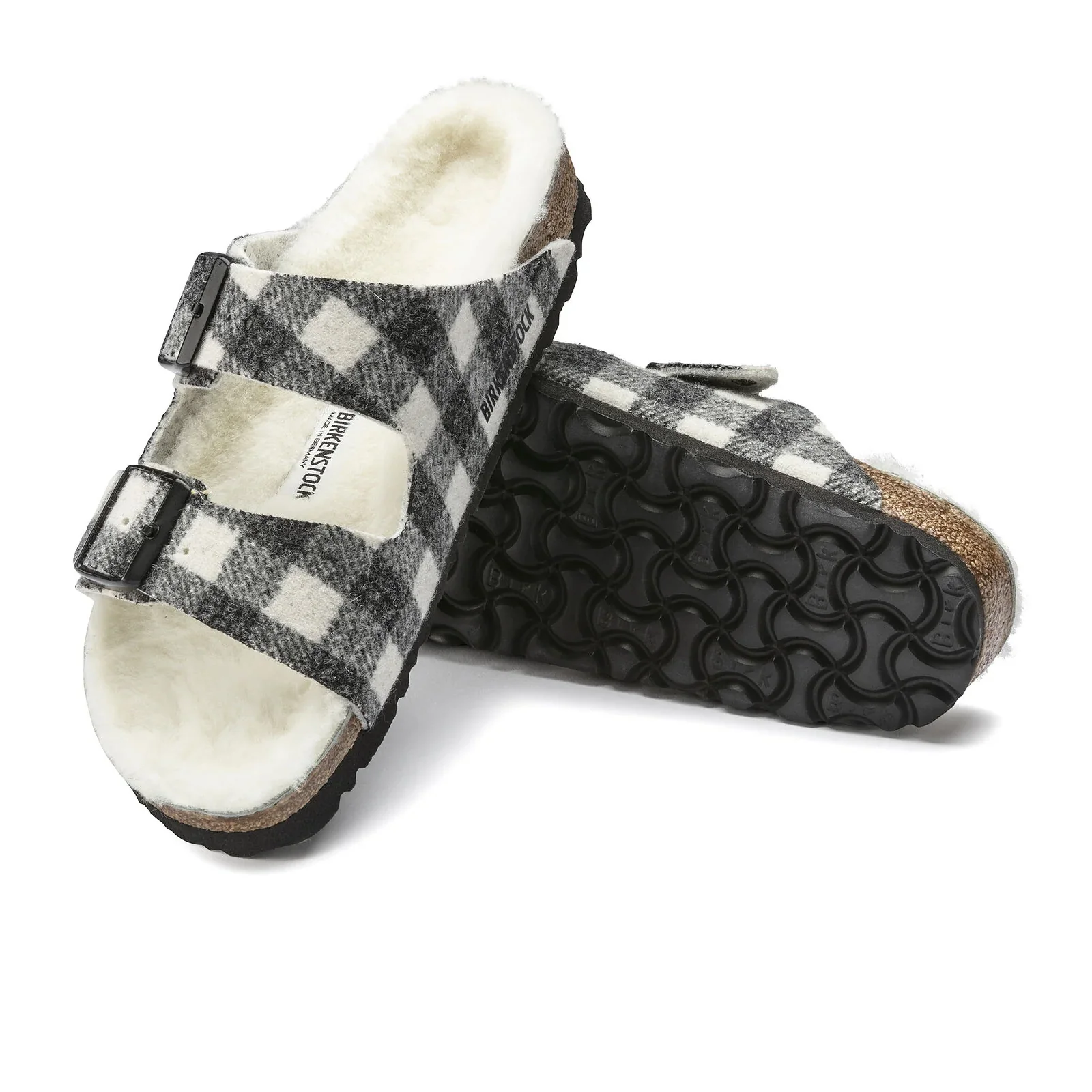 Birkenstock Arizona Slide Sandal (Women) - White Wool Plaid/Natural Shearling - Image 3