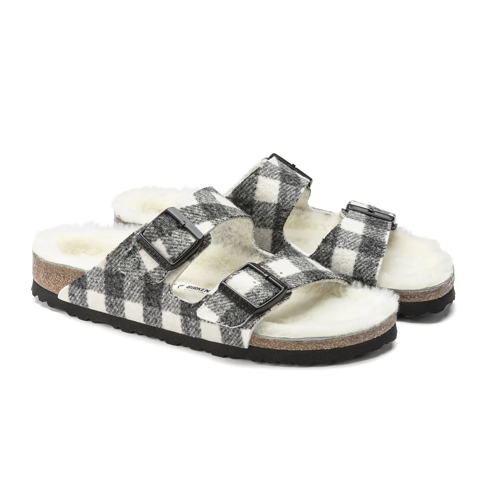 Birkenstock Arizona Slide Sandal (Women) - White Wool Plaid/Natural Shearling - Image 4