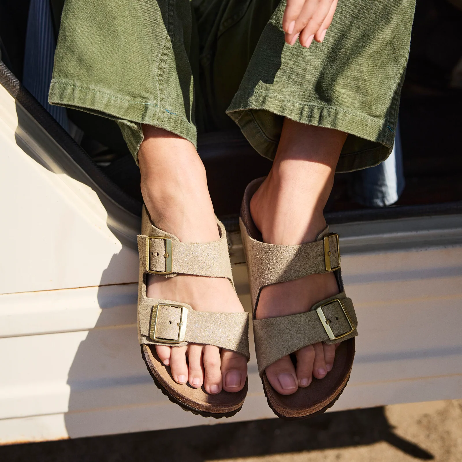 Birkenstock Arizona Slide Sandal (Women) - Shimmering Taupe Suede - Image 7