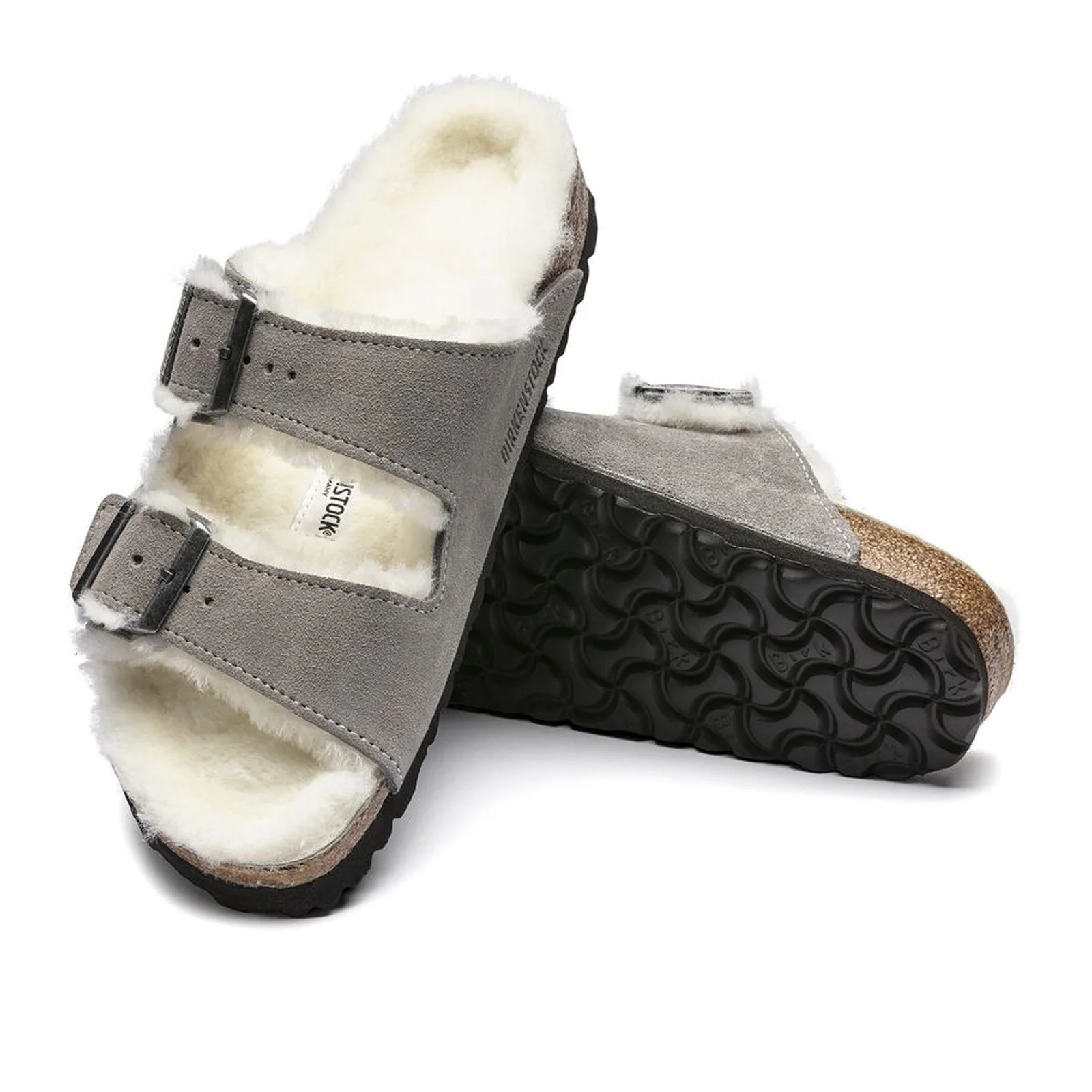 Birkenstock Arizona Slide Sandal (Women) - Stone Coin Suede/Natural Shearling - Image 3
