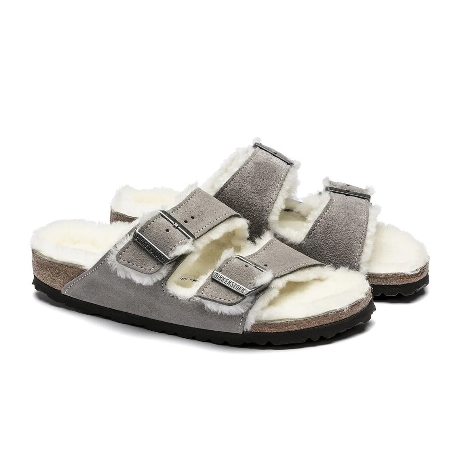 Birkenstock Arizona Slide Sandal (Women) - Stone Coin Suede/Natural Shearling - Image 4