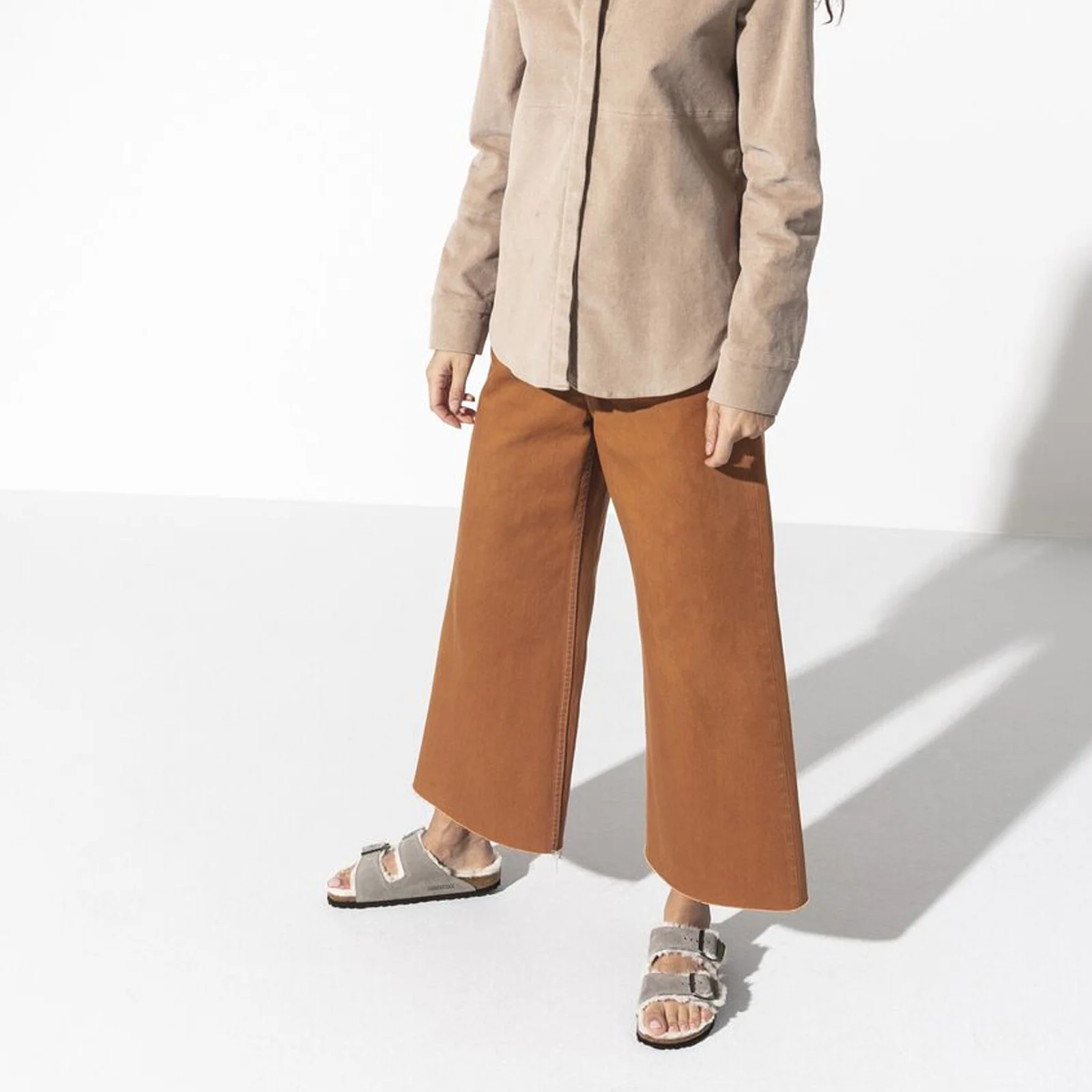 Birkenstock Arizona Slide Sandal (Women) - Stone Coin Suede/Natural Shearling - Image 6