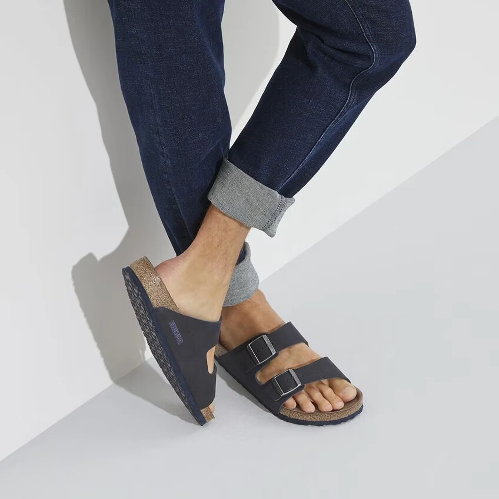 Birkenstock Arizona Vegan Slide Sandal (Men) - Desert Dust Indigo Blue Microfiber - Image 7