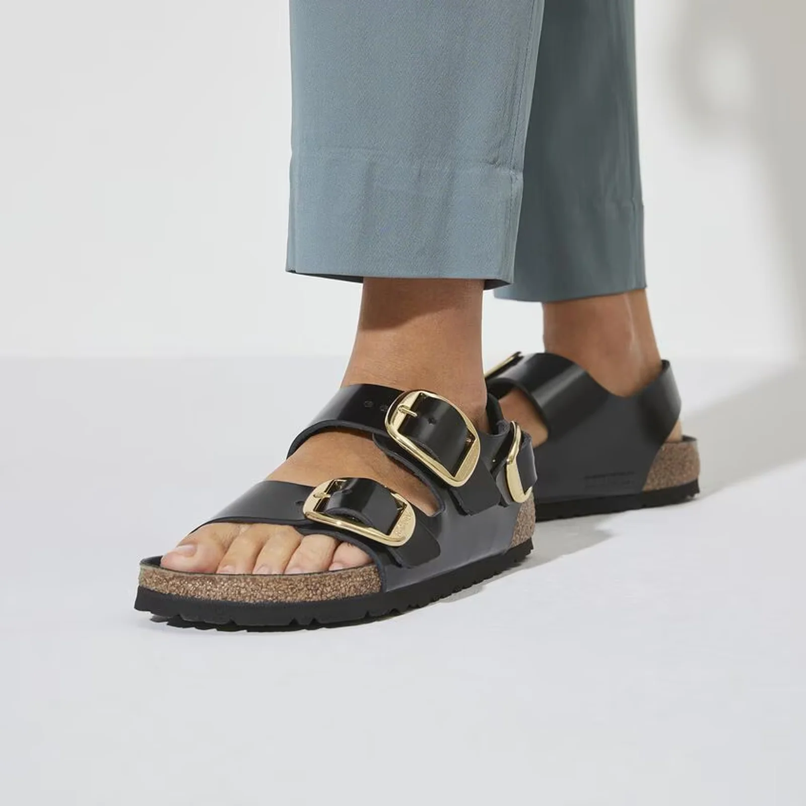 Birkenstock Milano Big Buckle Narrow Backstrap Sandal (Women) - High Shine Black Leather - Image 7