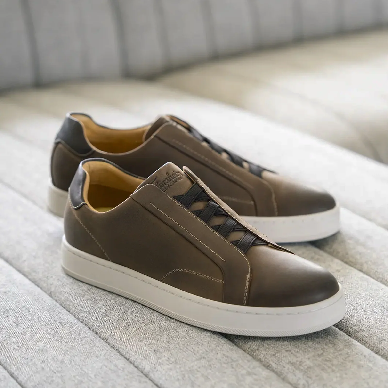 Florsheim Monopoli Elastic Lace To Toe Sneaker (Men) - Brown Crazy Horse/Cognac Smooth with White Sole - Image 8