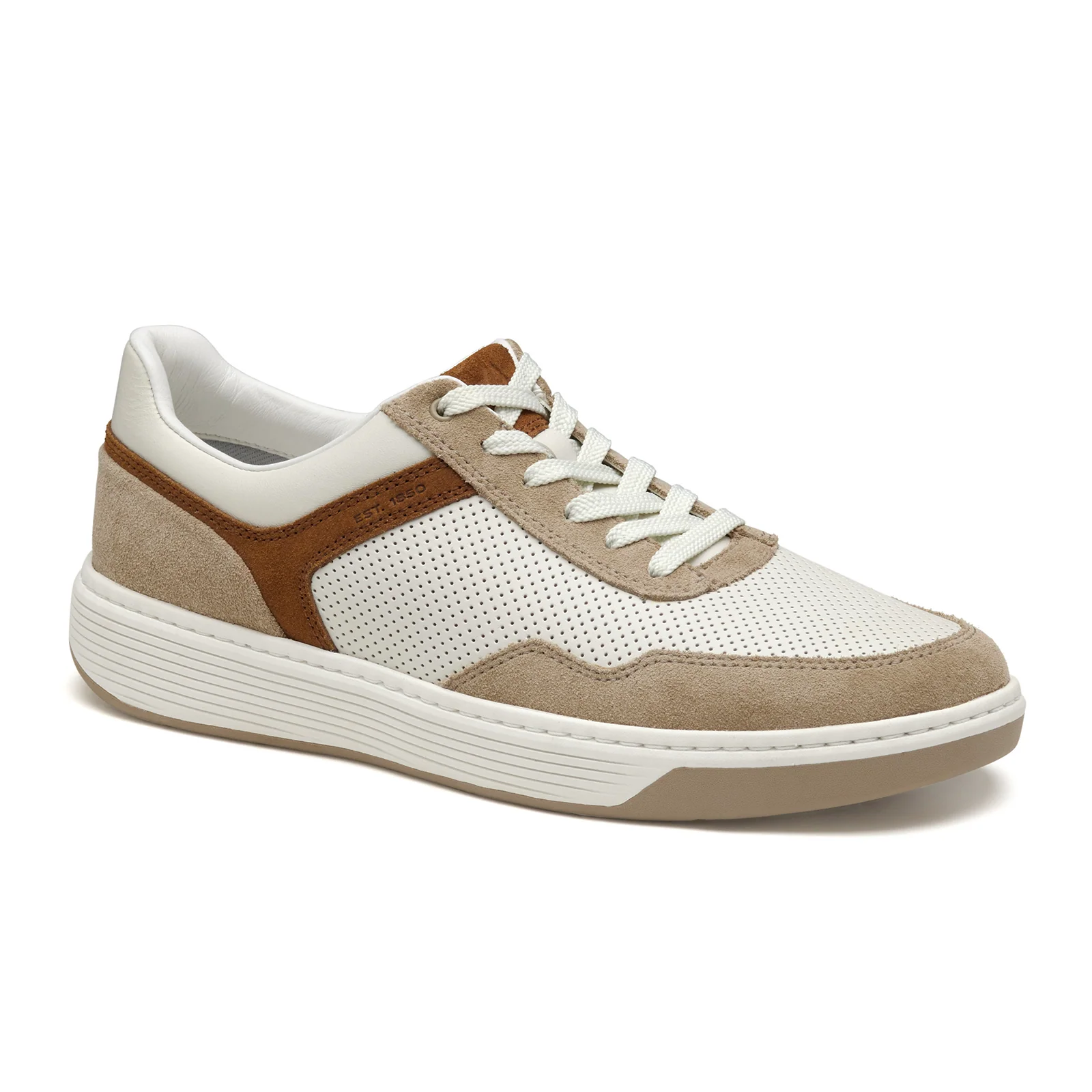 Johnston & Murphy Dawson Moc Toe U-Throat Sneaker (Men) - White Full Grain/Taupe Suede