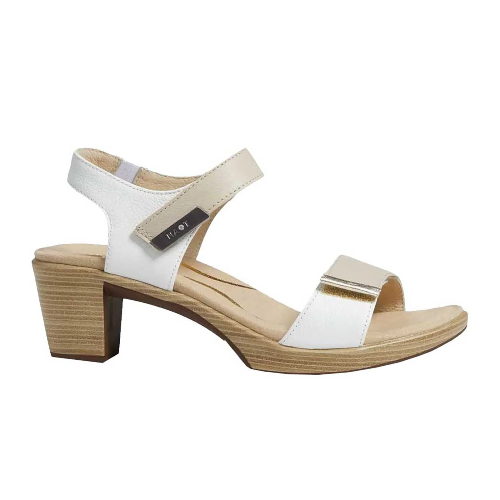 Naot Intact Heeled Sandal (Women) - Soft Ivory Leather/Soft White Leather/Radiant Gold Leather