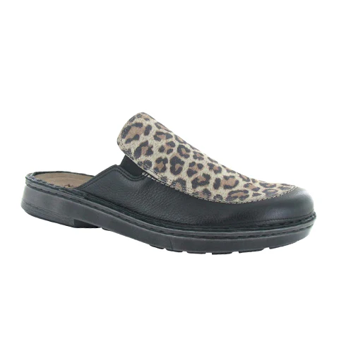Naot Procida Slide (Women) - Soft Black Leather/Cheetah Suede