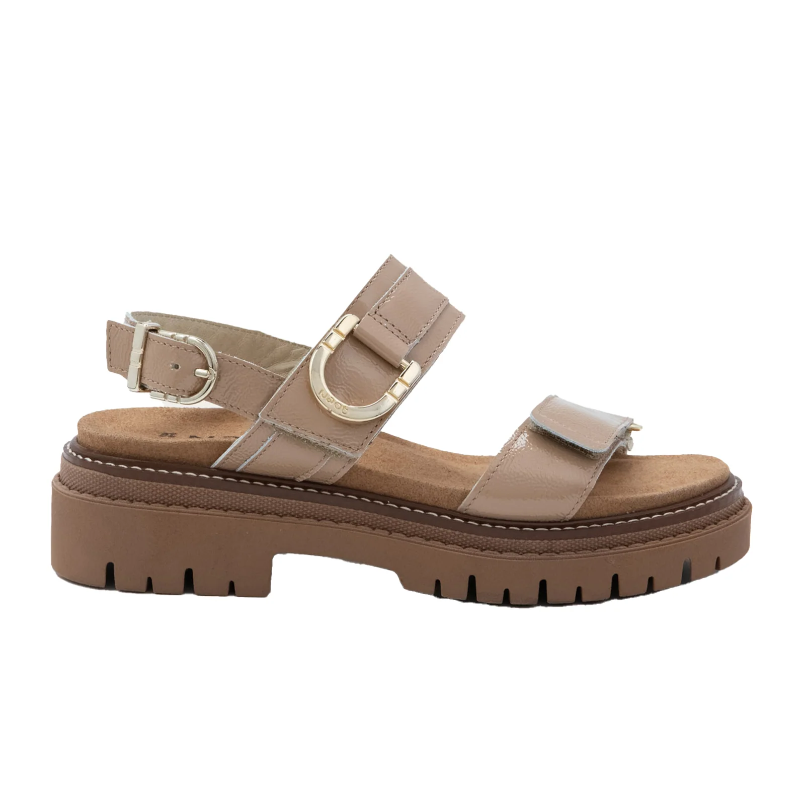 Naot Trinity Backstrap Sandal (Women) - Camel Crinkle Patent Leather