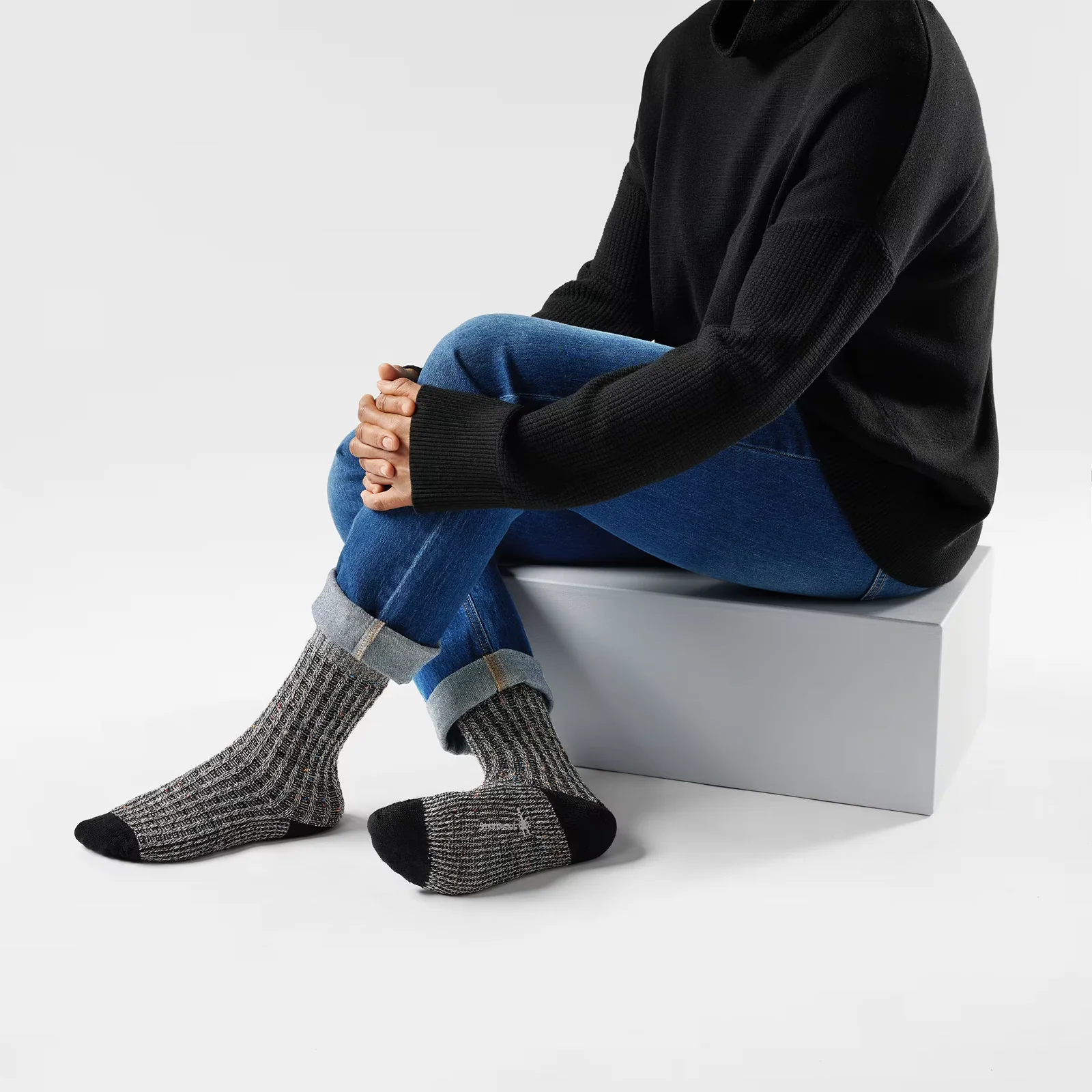 Smartwool Everyday Cozy Waffle Press Crew Sock (Unisex) - Black/Multi Donegal - Image 3